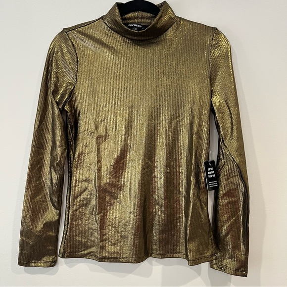 Express Metallic Shimmer gold ribbed long sleeve mock neck top size M NWT - Picture 2 of 13